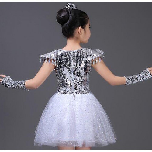 Silver kids jazz dance dress sequined modern dance princess chorus school competition stage performance outfits costumes